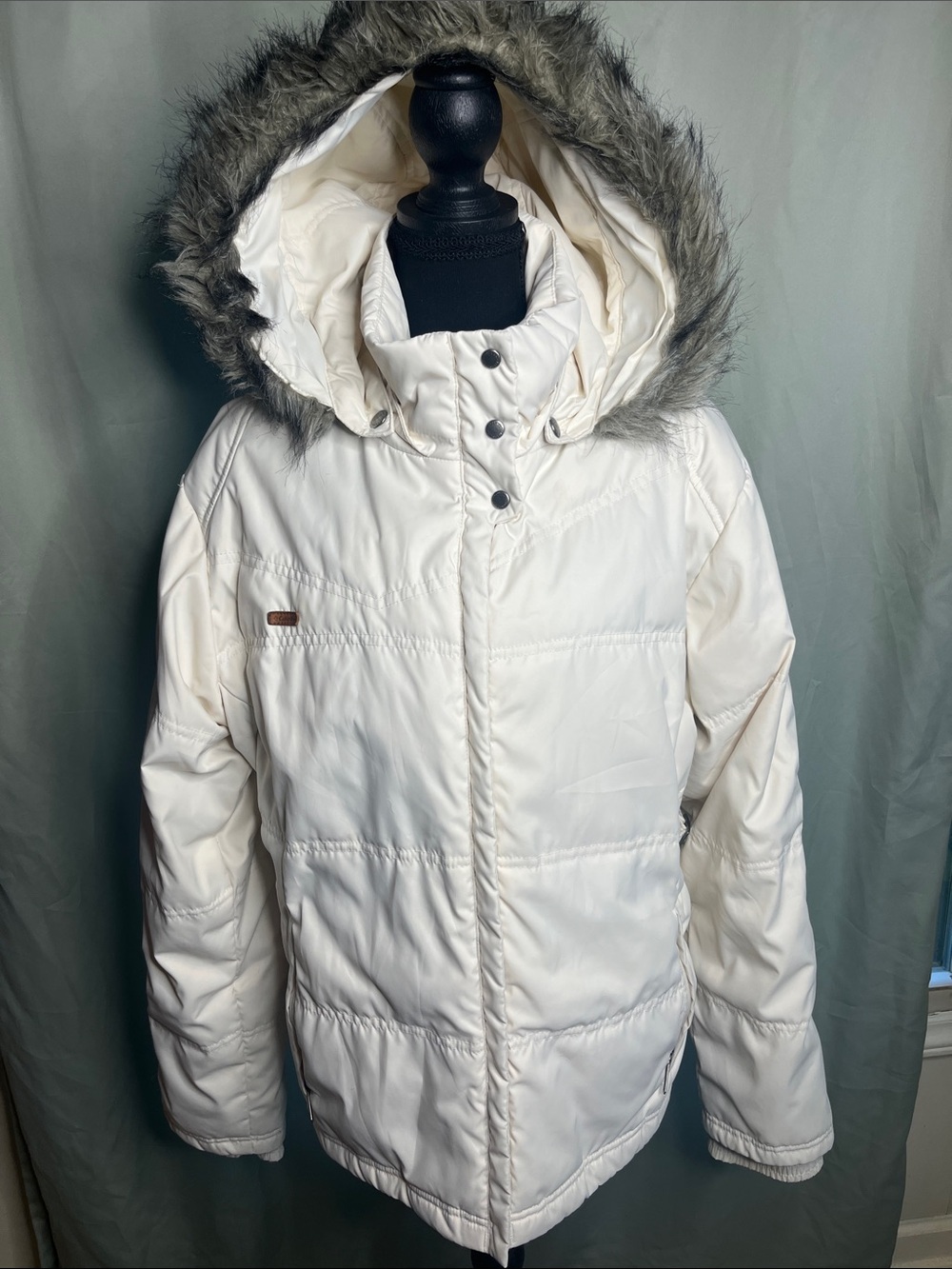 Columbia XCO Women's Cream Hooded Puffer with Faux Fur Trim LARGE